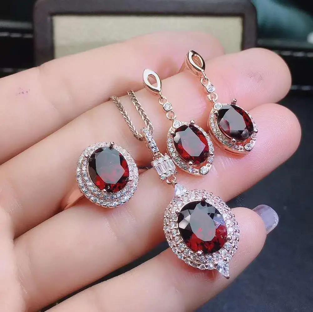 

Real Natural Garnet jewelry set Natural Real Garnet 925 sterling silver 1pc pendant,1pc ring,2pcs Earring