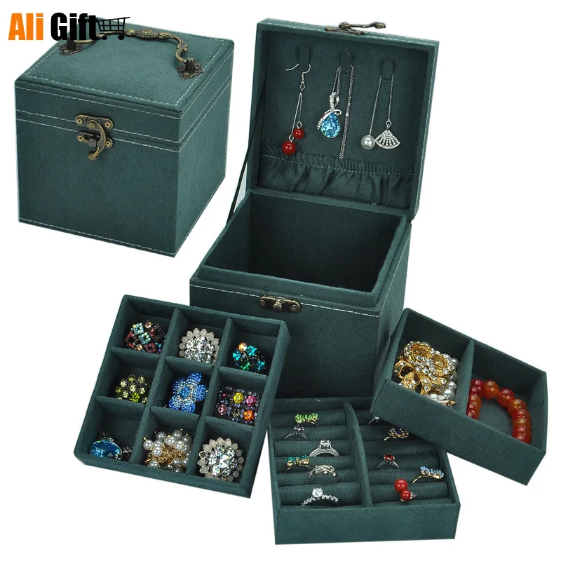 Velvet Three-story Princess Jewelry Box Ring Necklace Bracelet Earring Jewelry Display Belt Cover Jewelry Box Dressing Case