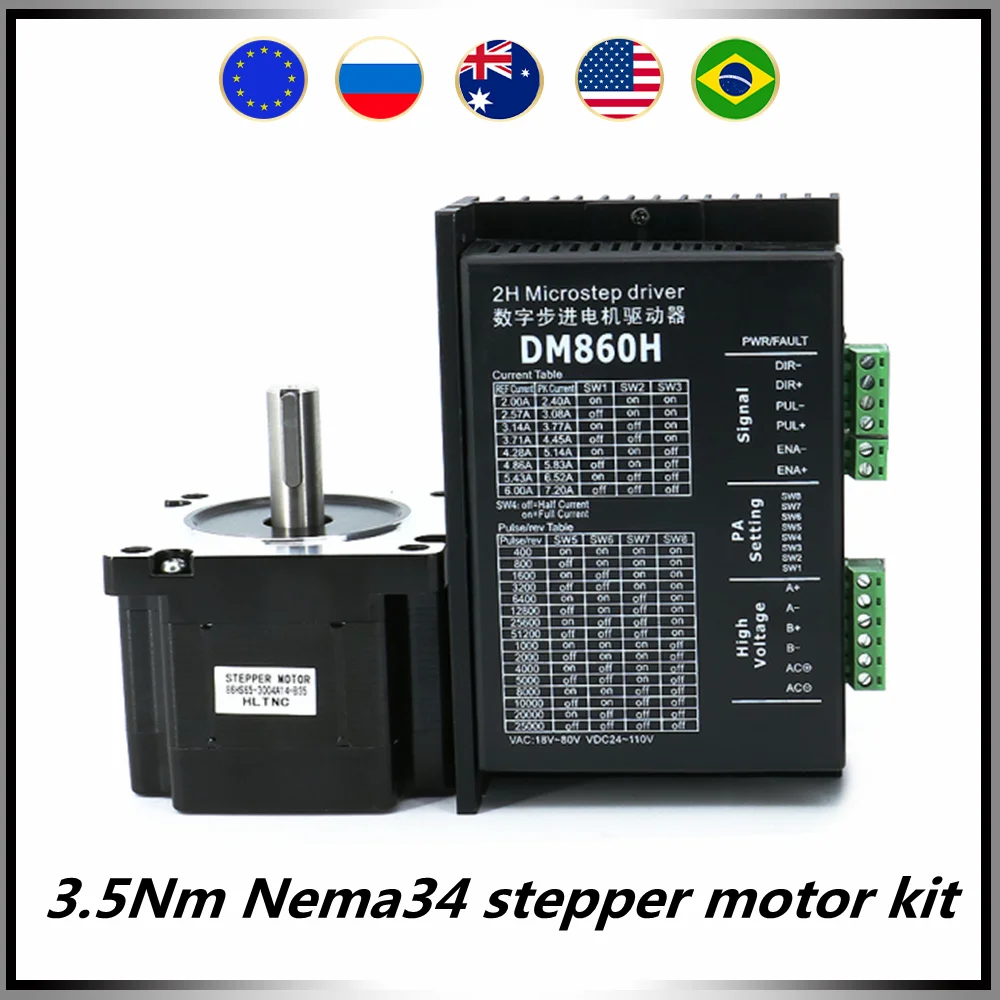 

Nema34 stepper motor 86 flange 3.5Nm stepper motor 14mm with 5mm key + DM860H 2phase Microstep driver VAC 18-80V VDC 24-110V