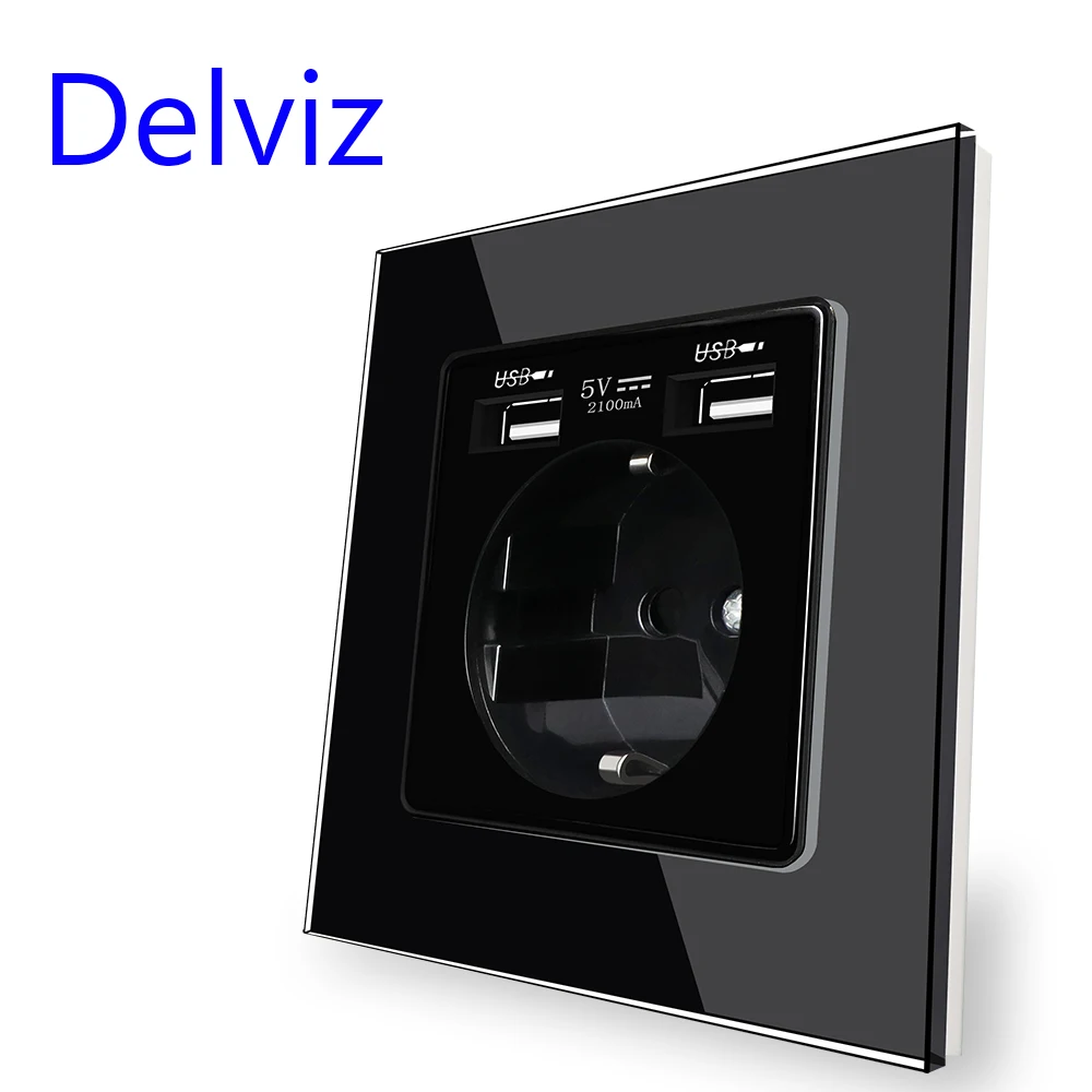 Delviz EU Standard USB Socket, 5V 2A Double usb charging interface, Wall Embedded 16A Power Outlet, Tempered Crystal Glass Panel