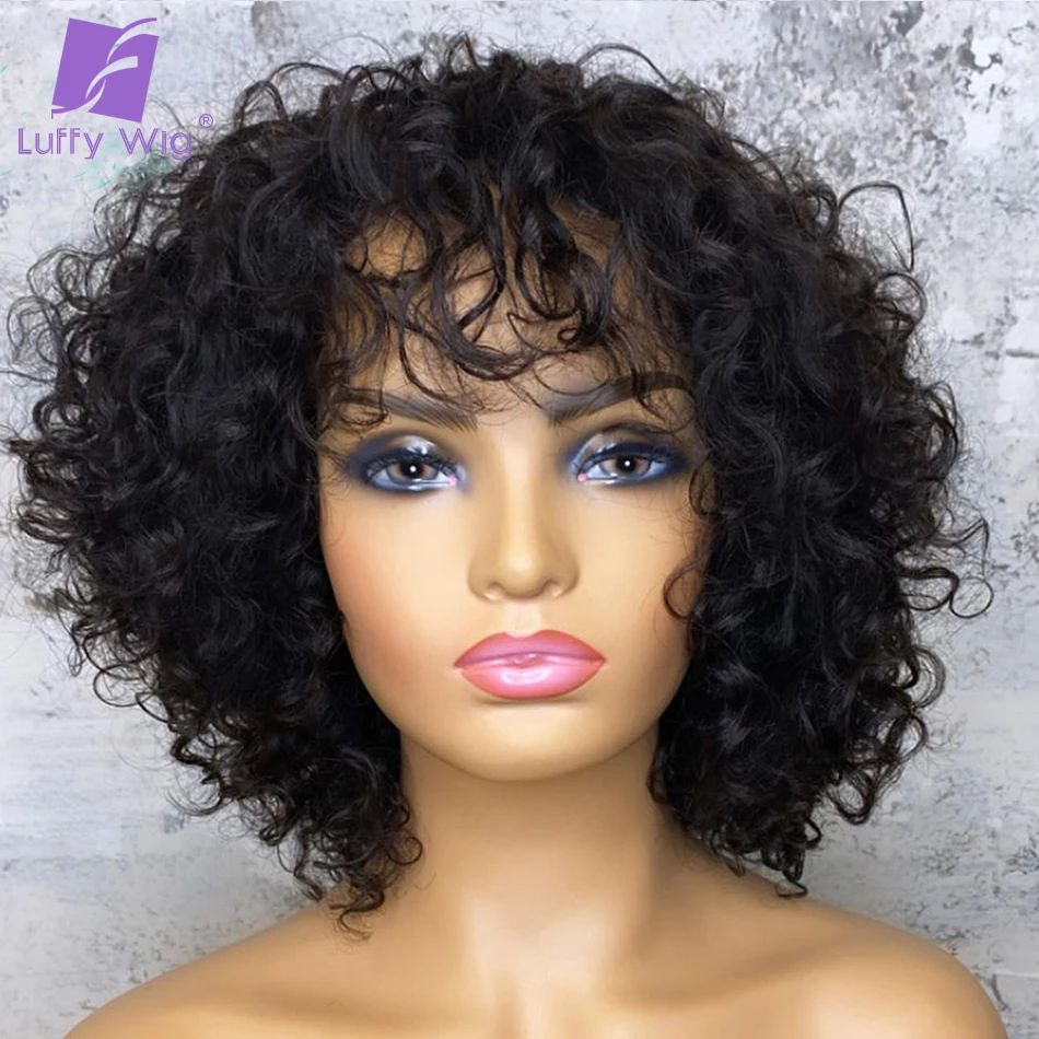 Short Curly Bob Human Hair Wigs With Bangs Brazilian Remy O Scalp Top Bang Wig Full 200 Density Glueless For Black Women LUFFY