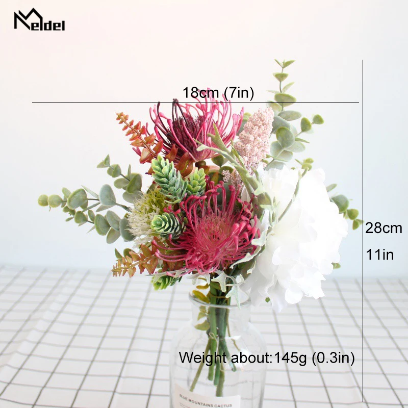 Meldel Wedding Bouquet Artificial Silk Rose Flower Bride Bouquet Peony Orchid Dahlia Pompom Eucalyptus Leaves Wedding Supplies