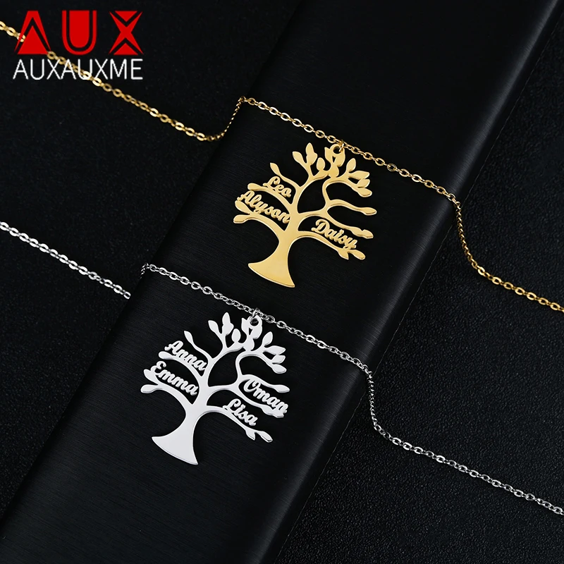 

Auxauxme Personalized Tree Names Necklaces Custom Stainless Steel Charms Family Nameplate Necklace For Women Mom Gifts