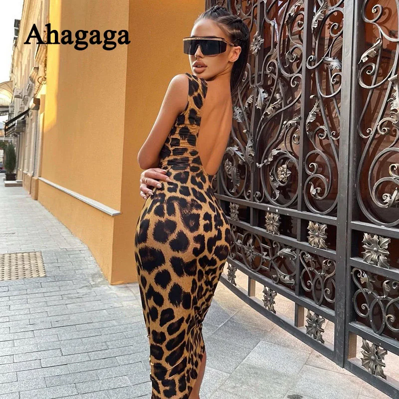 AHAgaga 2022 Sexy Leopard Print Dress Women Fashion Backless Sheath Bodycon Prom Gown Sleeveless Female Party Dress Vestido Robe