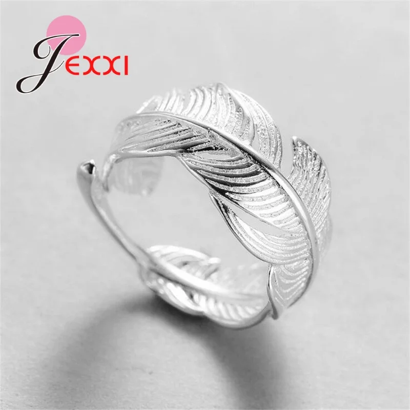 925 Sterling Silver Needle Original Ring Adjustable Feather Shape Open Finger Ring For Women Girls Birthday Party Silver Jewelry