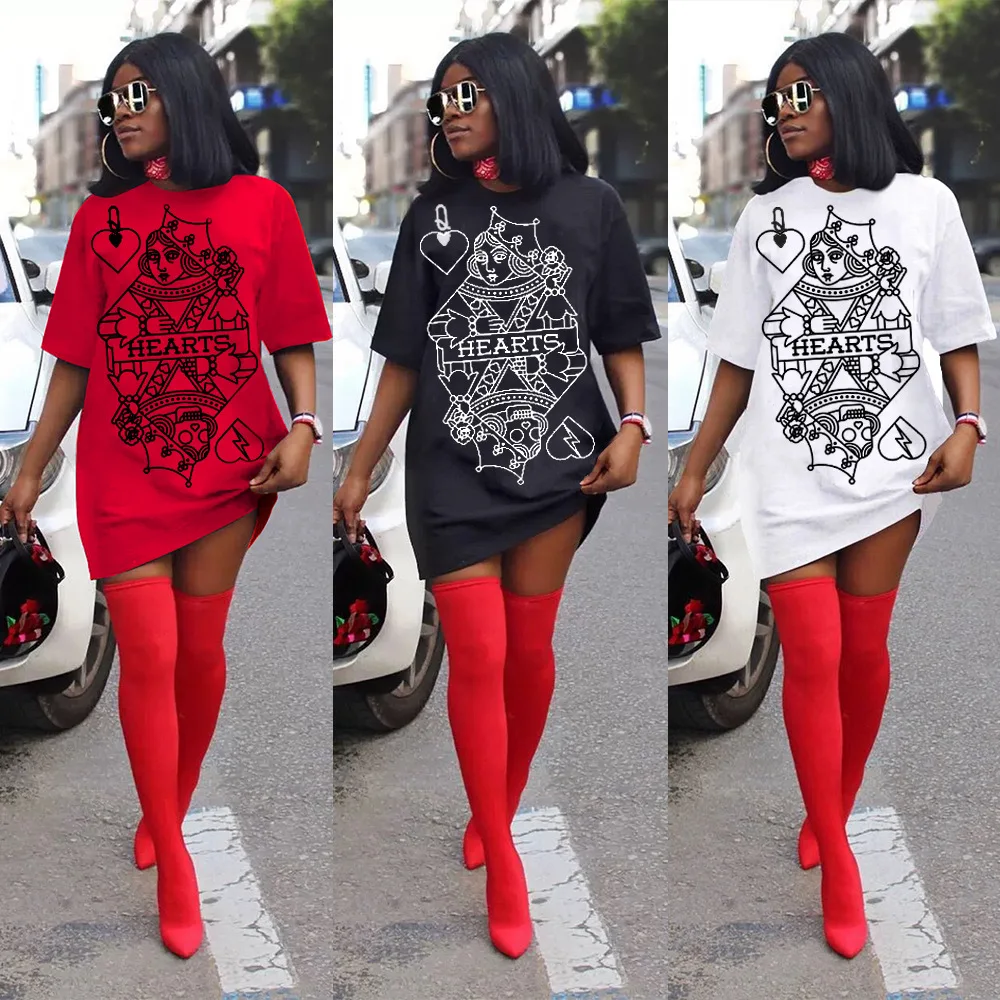 New 2021 Women Short Sleeve O-neck Spade Q Black Queen Print T-shirt Dress Vintage Fashion White Tee Dresses Vestidos