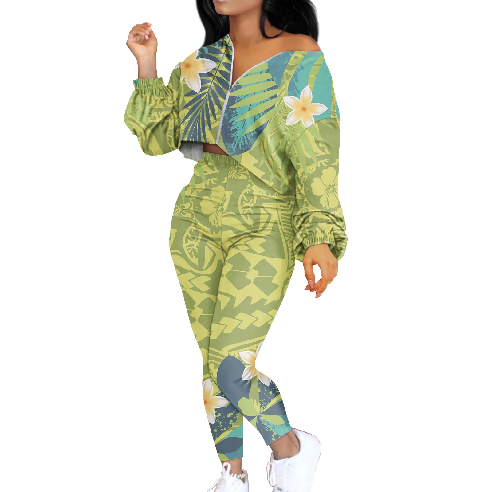 

Polynesian Tribal Custom Print Women Loose Zipper Tops 2Pcs Set Clothes For Fall Sexy Crop Tops Factory Price