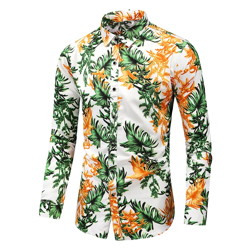 Men's Fashion Print Long Sleeve Shirt Plus Size 6XL 7XL Hawaiian Beach Casual Floral Shirts Men