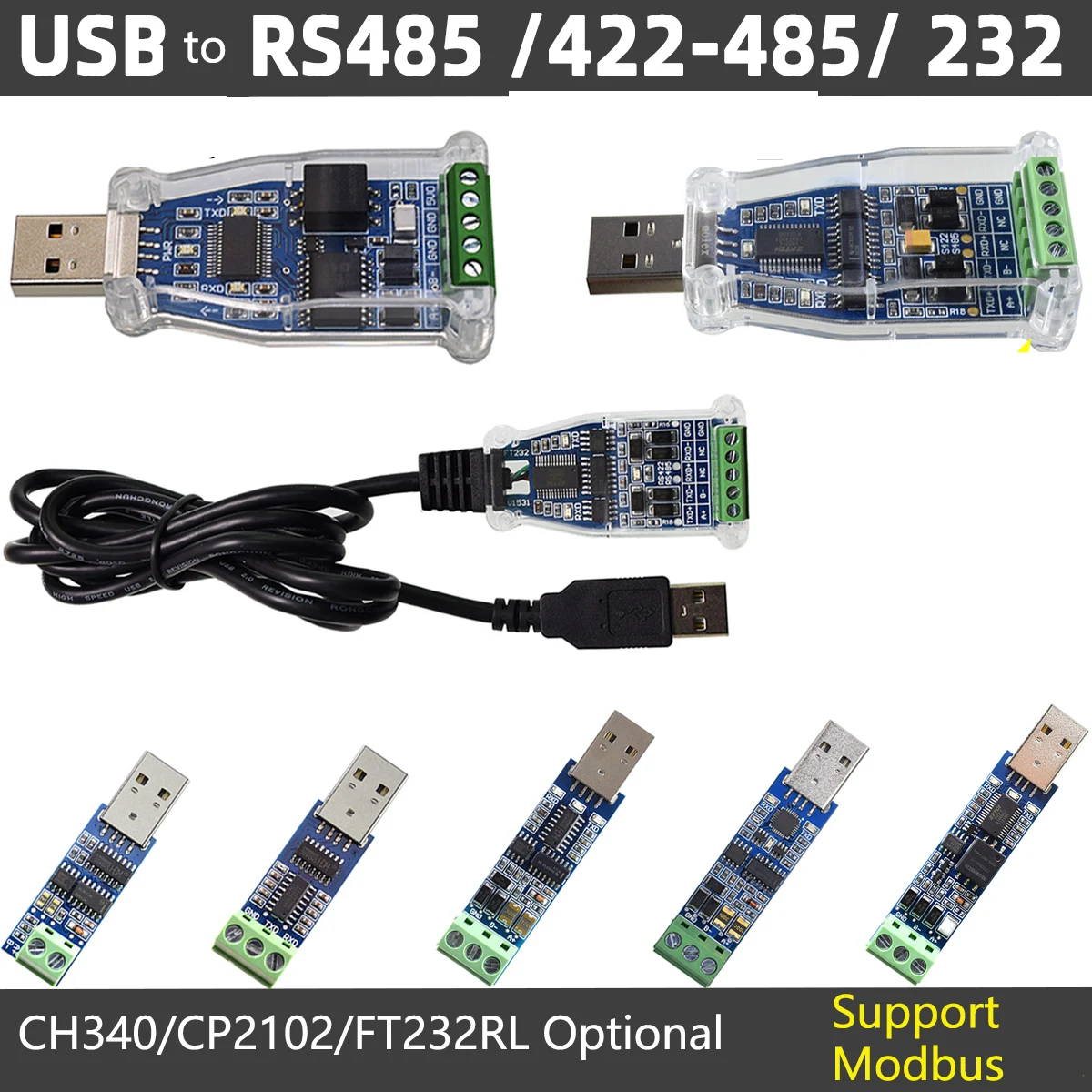 CH340 CP2102 FTDI USB RS485 na białym tle Adapter szeregowy moduł konwertera Modbus kabel komunikacyjny