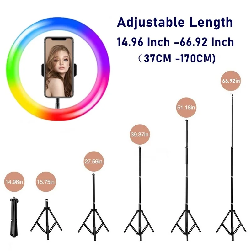 밝기 조절 RGB LED 셀카 링 필 라이트, 삼각대 포함 포토 링 램프, 메이크업 비디오 라이브, 셀룰러, 12 인치, 33cm