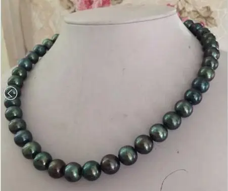 

noble jewelry gorgeous AAA 9-10 mm round black green pearl necklace 14k