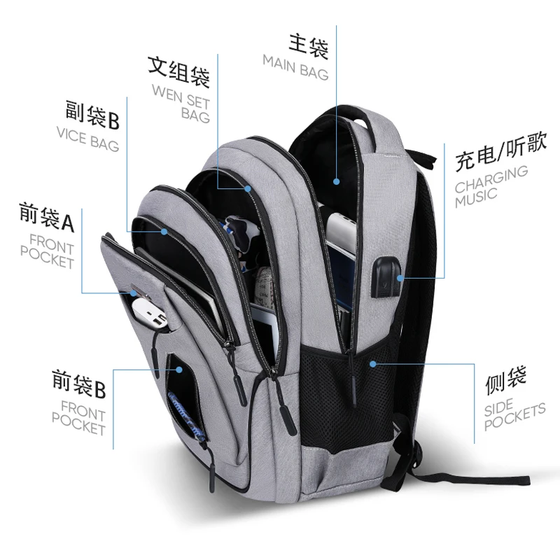 Mochila masculina com carregamento usb, mochila de laptop de 15.6 polegadas multifuncional para estudantes, escola alta, viagens de negócios, mochila