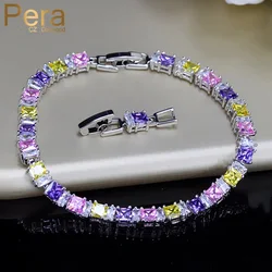 Pera Fashion Silver Color Jewelry Multi Yellow Pink Purple Cubic Zirconia Stone Tennis Square Chain Link Bracelet for Women B022