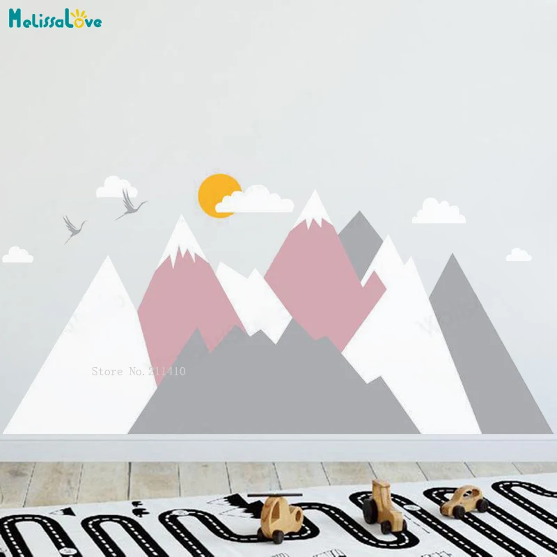 Large Size Nursery Mountains Wall Stickers Home Decor For Kids Room With Birds Sun Vinyl Decals Removable YT5614