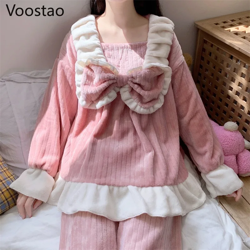 Autumn Winter Sweet Lolita Style Princess Coral Fleece Pajamas Sets Women Cute Bow Sleepwear Girly Kawaii Pink Home Wear Pyjamas