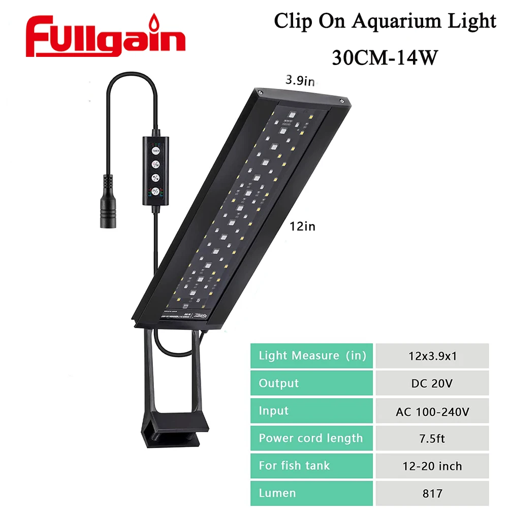 Fullgain 30CM Aquarium Light Led Freshwater Aqua LED Dimmable Ip68 Waterproof Full Spectrum LED Planted Wrgb Smart Fish Lights