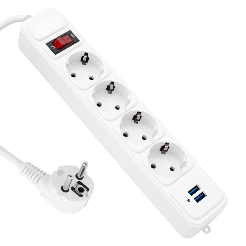 Network Filter 10A 2500W  Power Strip Switch EU Plug Sockets With 2M Extension Cord Surge Protector 2 USB Charging 4 AC Outlets