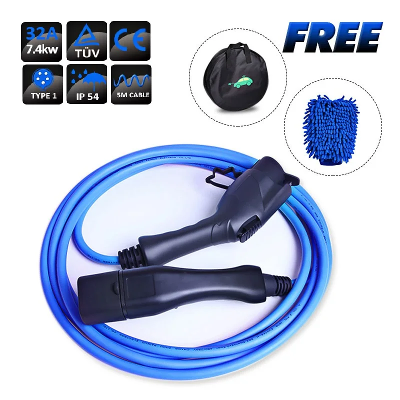 Electric Vehicle Charging Cable Type 1 J1772 to Type 2 32A 7.4KW with 5 Meter 1 Year Warranty