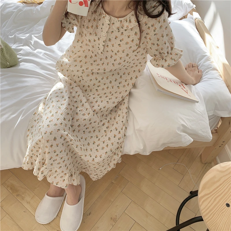 Summer Floral Print Nightgown Women Cotton Homewear Dress Ruffles Short Sleeve Nightdress Loose Ins Home Clothes Sleepdress