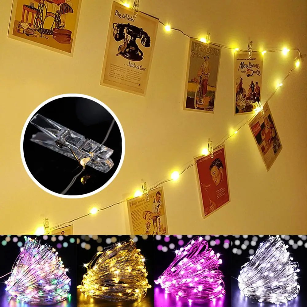 

Светодиодный струнный светильник с зажимом для фото, 1 м, 2 м, 3 м, 4 м, 5 м, 10 м, рождественские праздничные вечерние свадебные лампы, домашний декор, светодиодный светильник