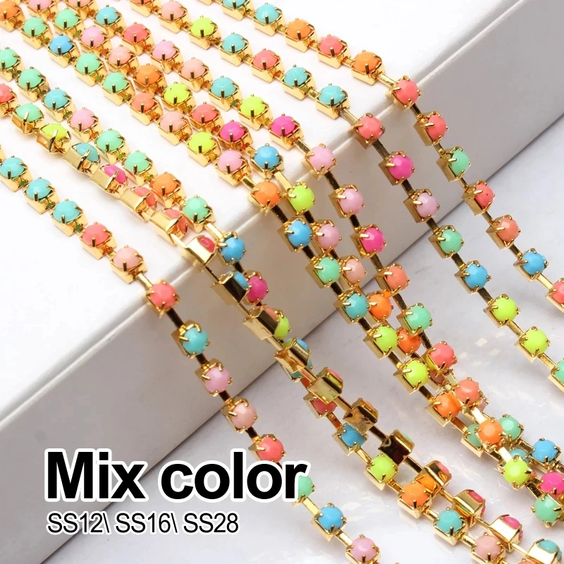 Hot sale Acrylic Rhinestone chain 17 Colors SS12/SS16/SS28 Gold Claw chains For DIY Sewing Clothes Accessories  free shipping