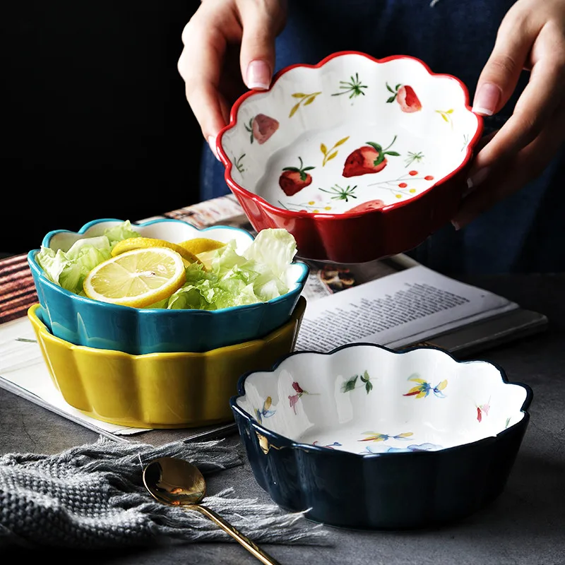 Nordic Simple Hand-painted Ceramic Salad Cake Bowl Colorful Porcelain Soup Fruit Bowl Lace Rice Dessert Snack Bowl Tableware