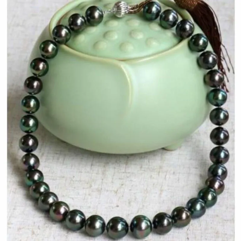 stunning11- 12mm south sea round black green pearl necklace 18inch 925s