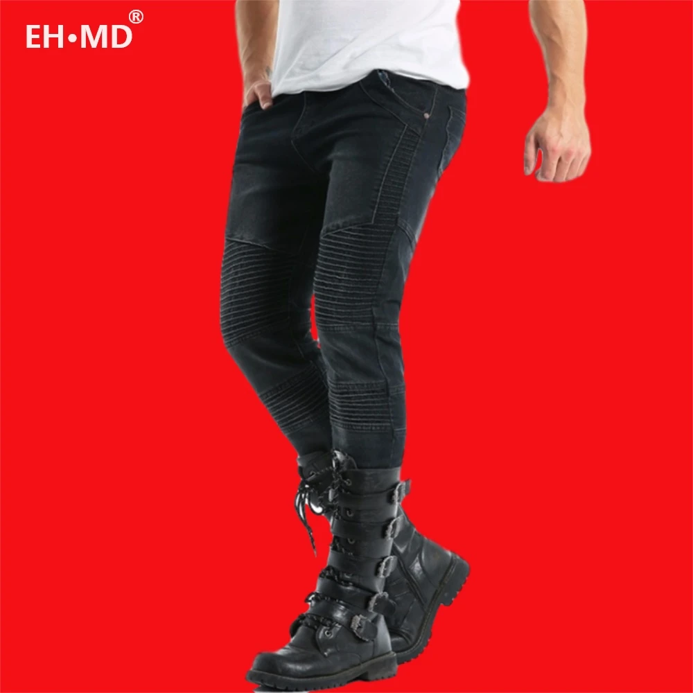 EH · MD® Stitching Jeans Men's Skin-tight Washed Slim-fit Three-dimensional Pleated High-elastic Solid Color Small Feet Black