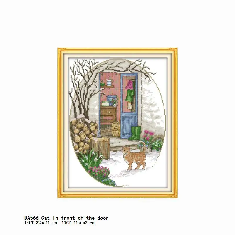 Cat In Front of The Door Cross Stitch Kits Embroidery Needlework Fabric Patterns 11CT 14CT Stamped Home Decor Counted Fabric Set