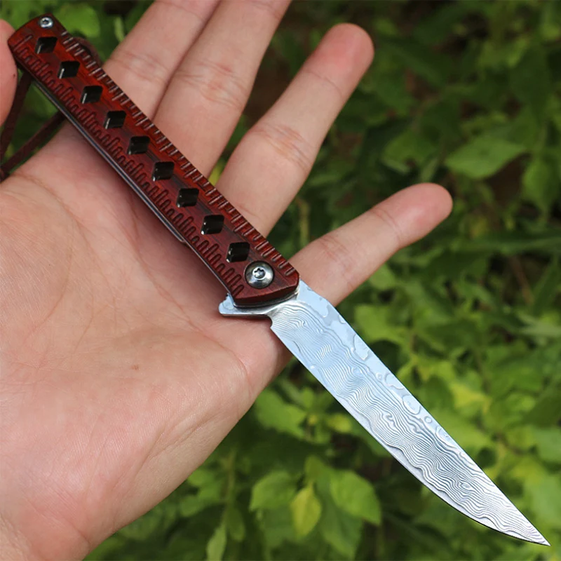 

Pocket knife Sharp Damascus steel outdoor folding saber with wooden handle for camping tactical survival knife