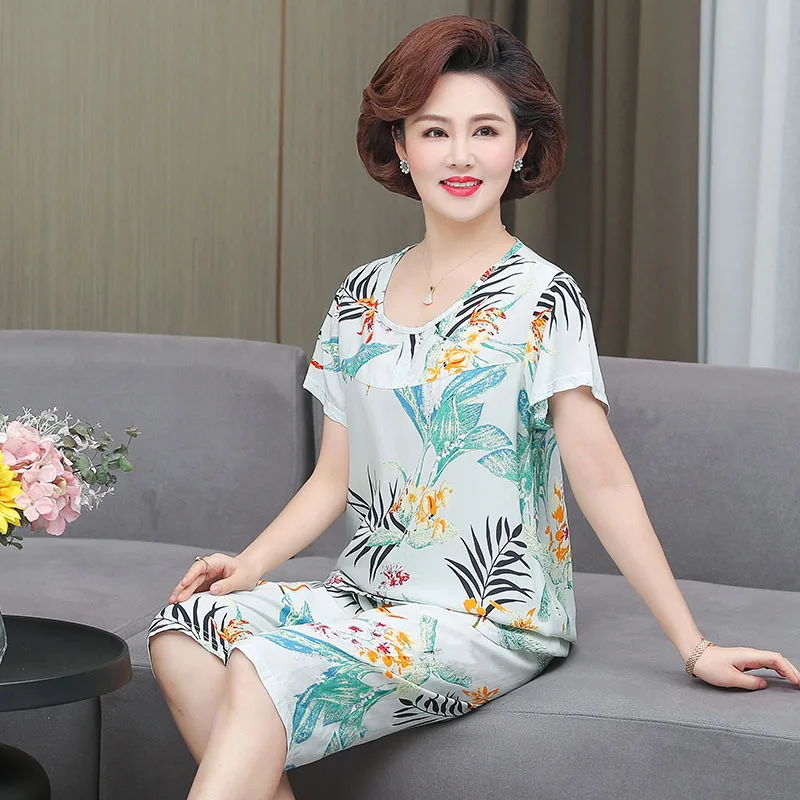 Fdfklak Short Sleeve Cropped Pants Two Piece Set New Print Middle Aged Mother Sleepwear Summer Pajamas Women Loose Home Suit