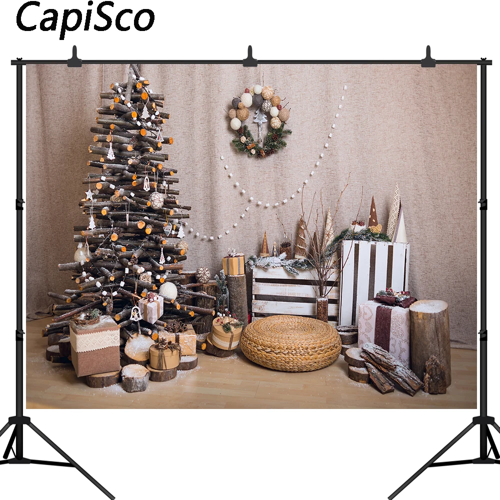 Capisco Wooden Christmas Tree Backdrop Wreath Gift Stump Baby Photography Background Photo Studio Photophone Decoration Prop