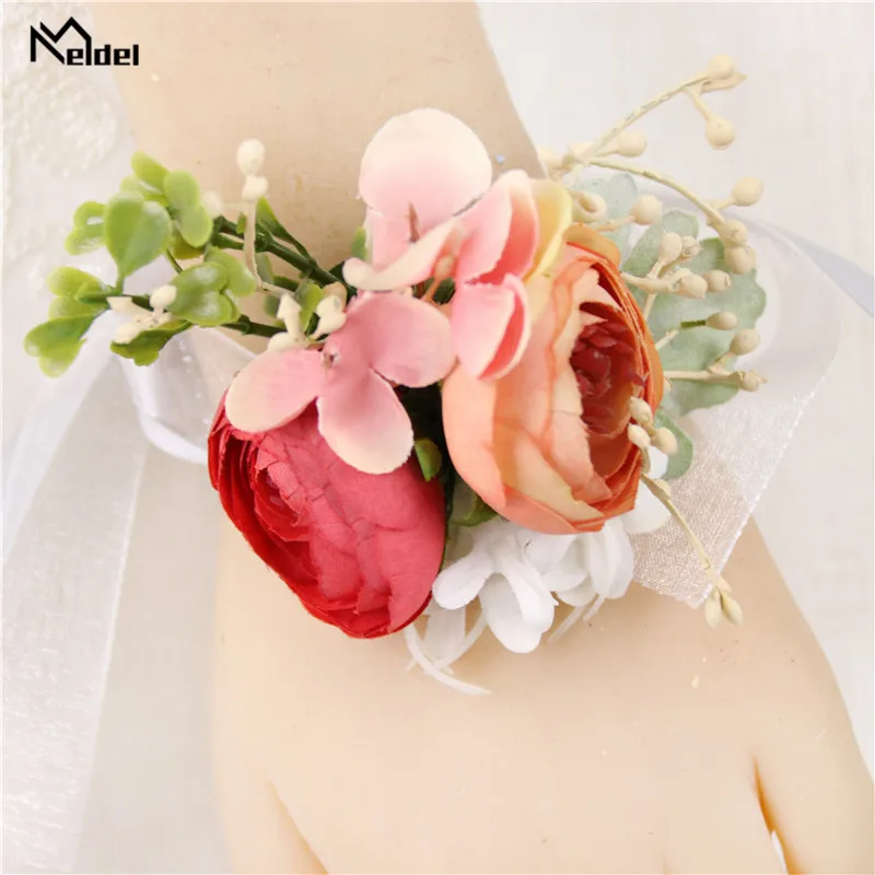 Meldel Bruid Pols Corsage Rose Bud Bloem Zijde Armband Wedding Boutonniere Bruidsjonkers Pak Boutonniere Meisje Corsage Accessoires