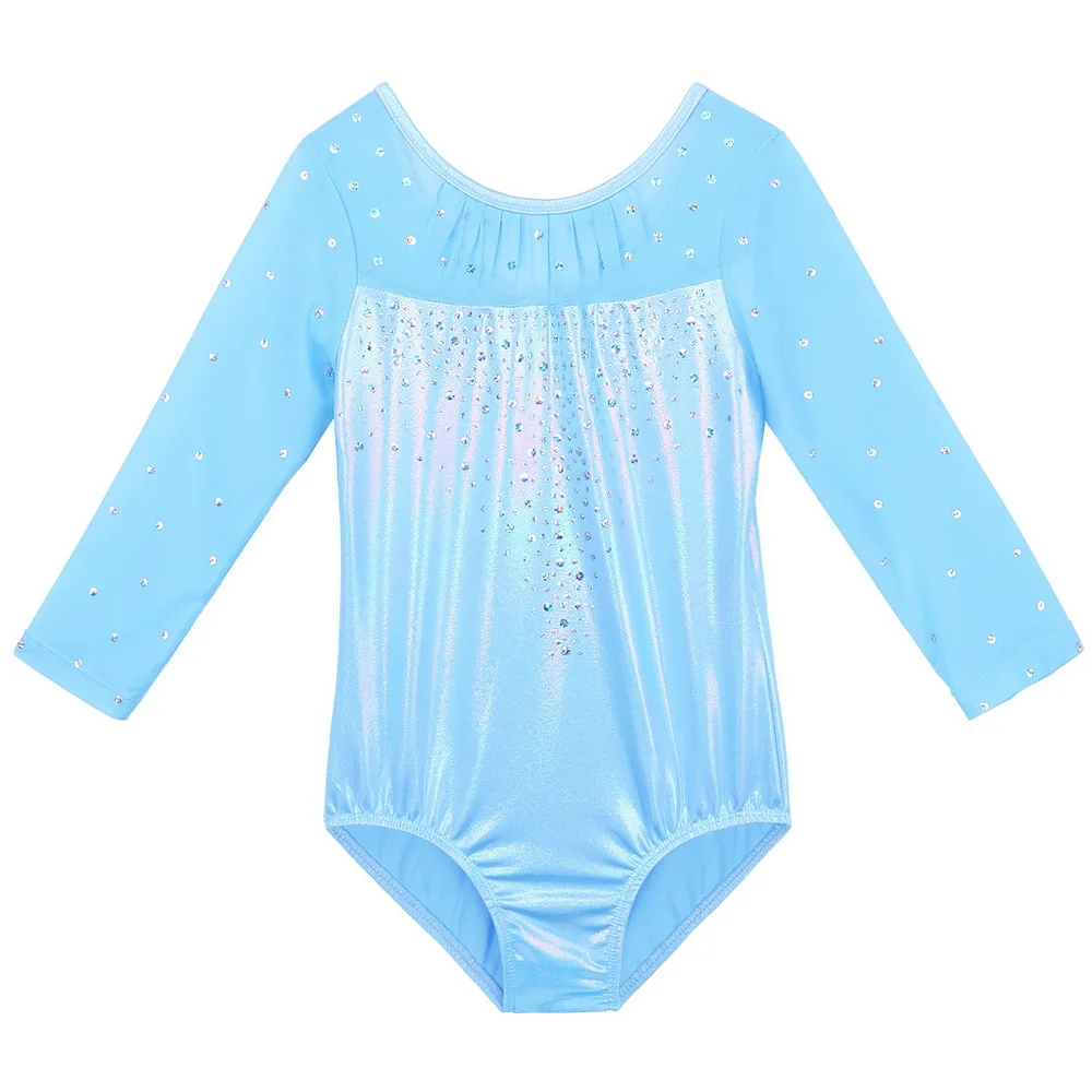 BAOHULU Girls Sparkle Gymnastics Leotard Sequin Lightblue Ballet Leotard Three Quater Sleeve Training Perfoamance Dance Bodysuit