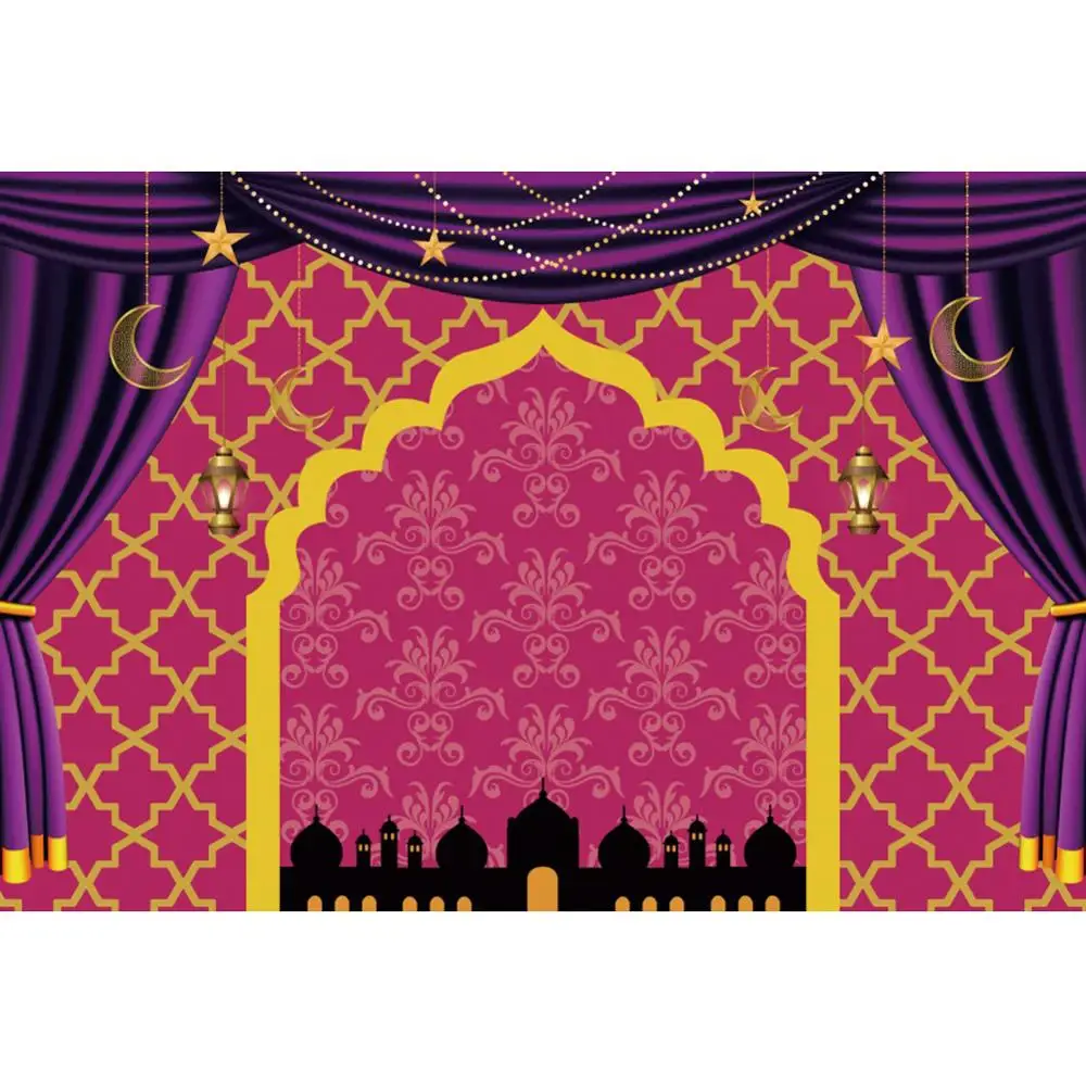 ستارة أرجوانية على شكل قمر ونجمة إسلامية ، مسجد إسلامي ، خلفية صور من الفينيل ، كشك تصوير فوتوغرافي