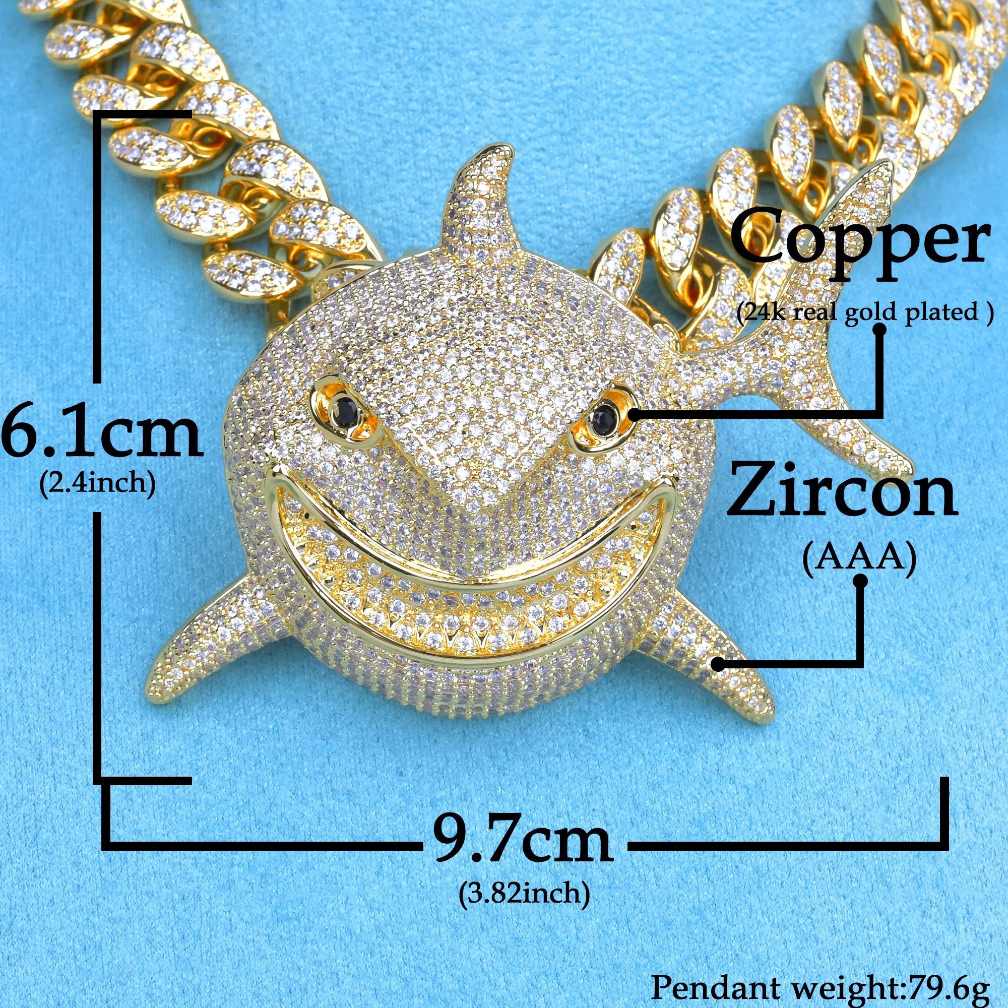 Drip Letter Full Zircon Shark Head Pendant for Men Gold Color Animal Necklace Charms Hip Hop Rock Street Fashion Jewelry