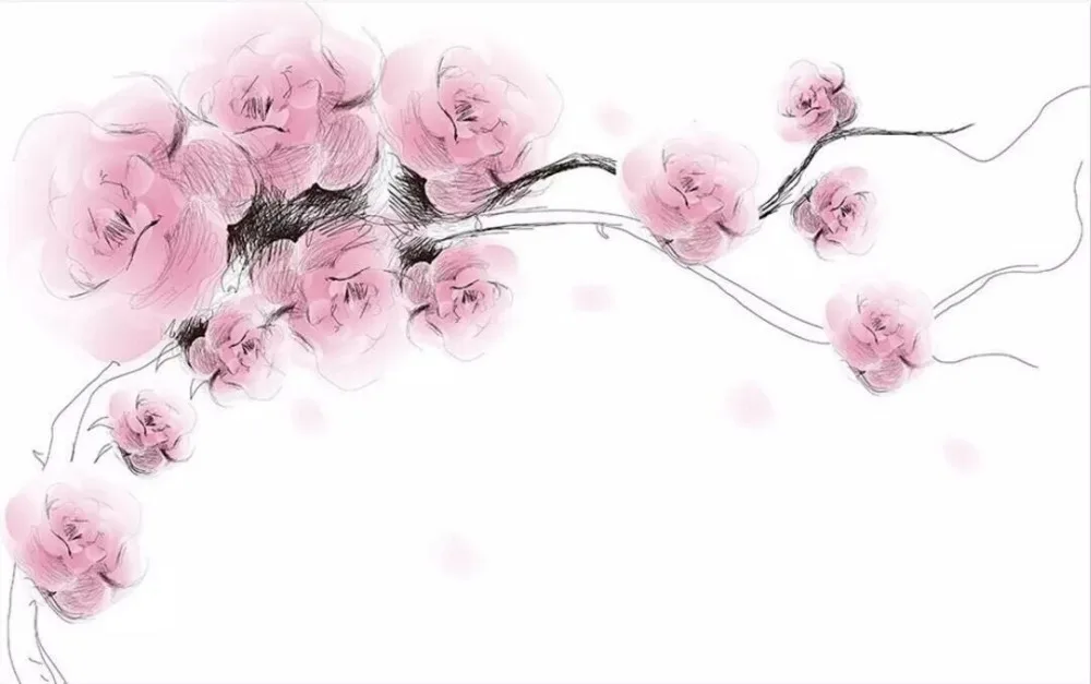 XUE SU Wall cloth custom wallpaper simple pink line sketch style rose TV background wall multiple materials to choose