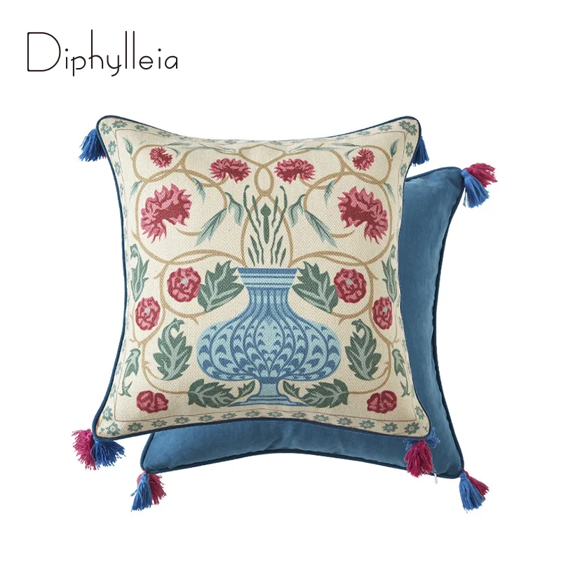 Diphylleia Cushion Cover Retro Flowers Vase Artistic Oriental Handicraft High End Luxury Pillow Case Eastern Home Decoration