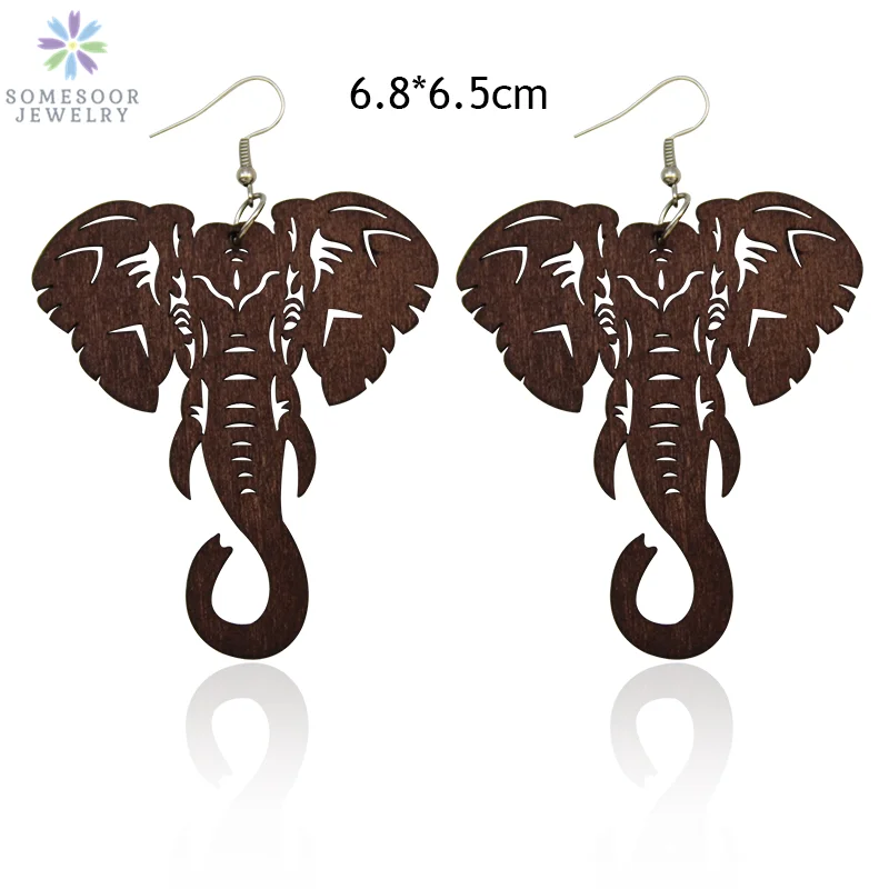 SOMESOOR 3 Colors Engraving Arican Elephant Wooden Drop Earrings Afrocentric Ethnic Tribal Eco Dangle Jewelry For Women Gifts