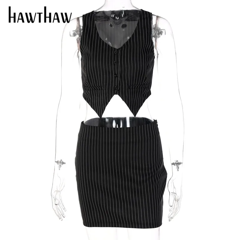 Hawthaw-Mini jupe courte rayée noire pour femme, ensemble deux pièces, tenue imbibée, vêtements d'automne, précieux, batterie en Y, streetwear, 2021