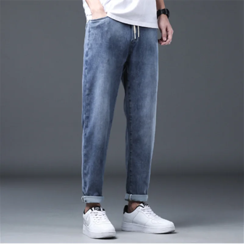 Spring Thin Jeans Men's Elastic Small Straight Leg Casual Ninth Pants Outdoor Camping Walking Trekking College Style Trousers