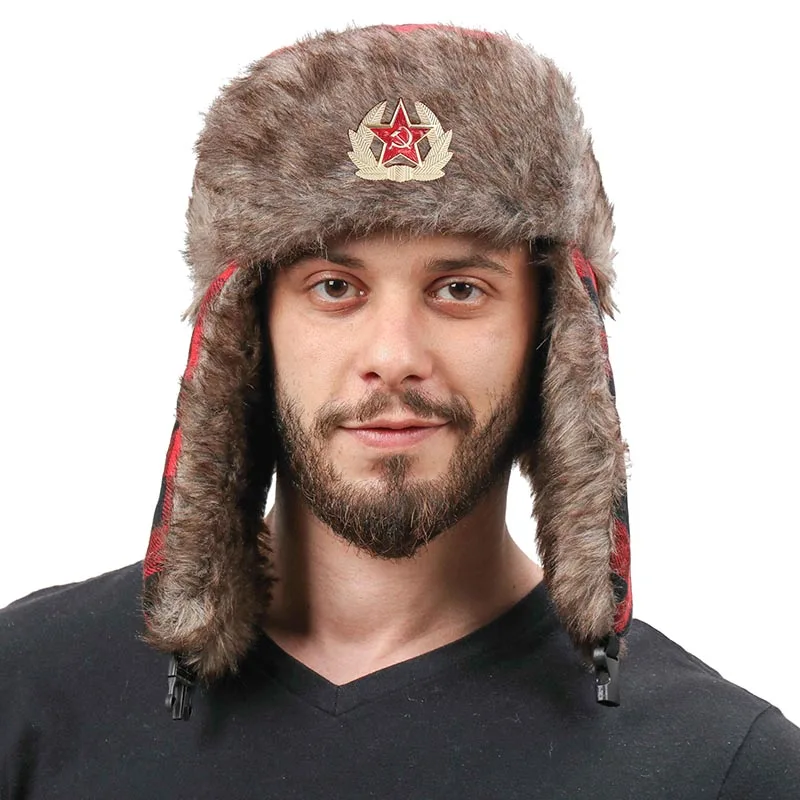 CAMOLAND Fashion Plaid Pattern Bomber Hats Women Men Soviet Badge Russia Ushanka Hat Winter Thermal Faux Fur Earflap Snow Caps