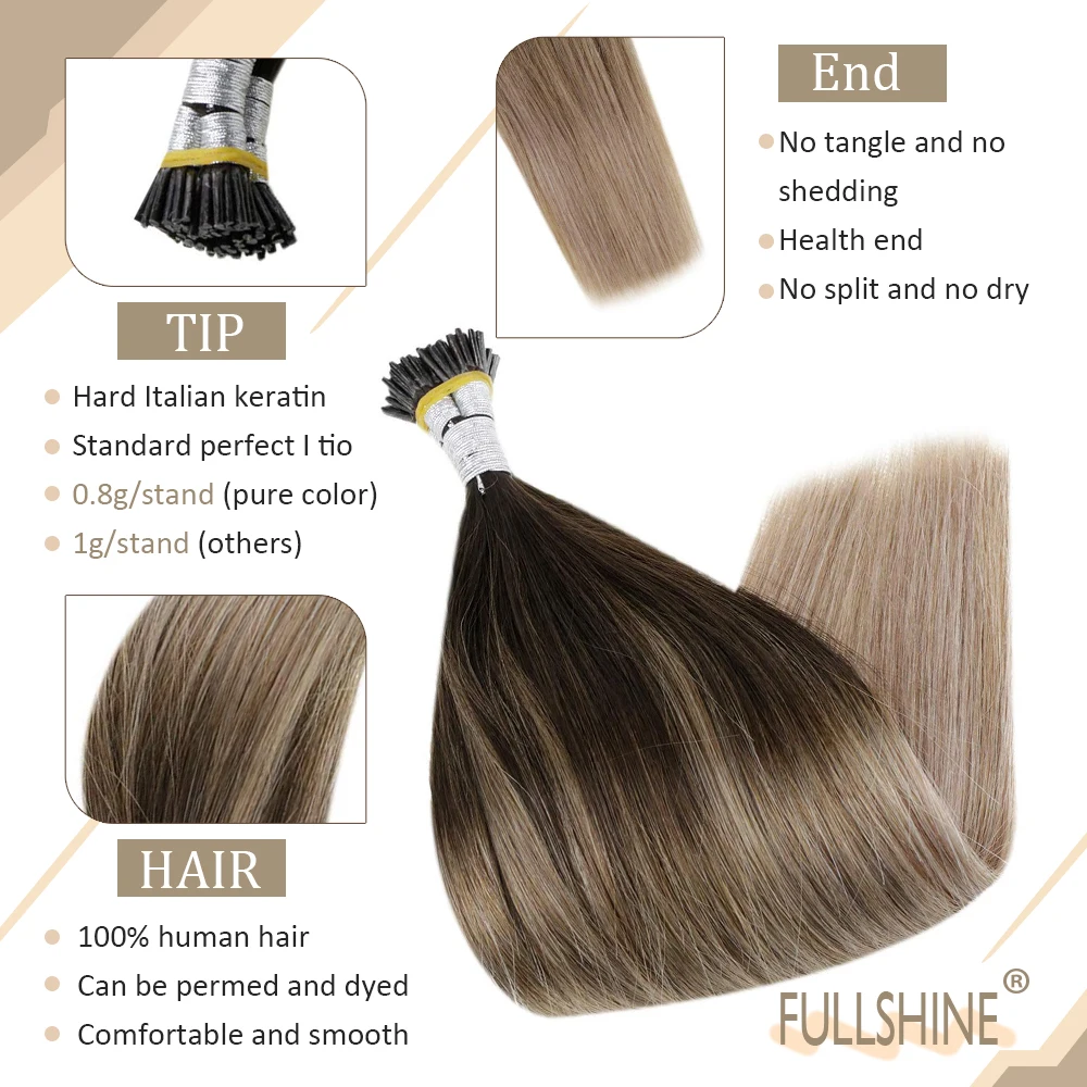 Full Shine I Tip Hair Extensions 50 Grams Stick Nail Tip Keratin Remy Human Hair Pre Bonded Soft Straight Hair For Women