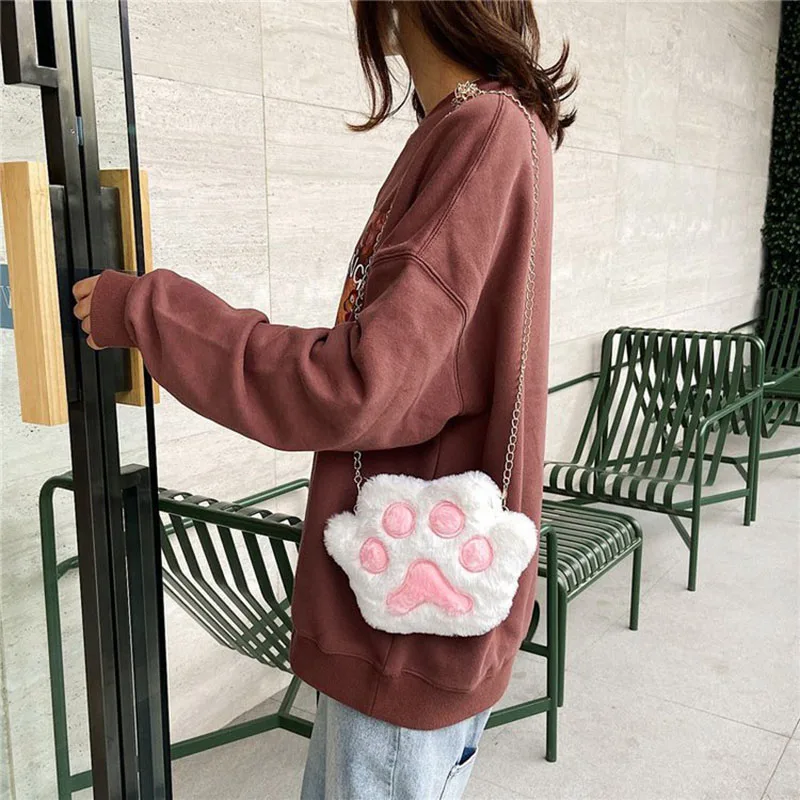 Bolso de hombro con cadena de Pata de Gato para mujer, bolso de mano de felpa suave, monedero cruzado para niñas, bolso con cremallera para niños, nueva moda