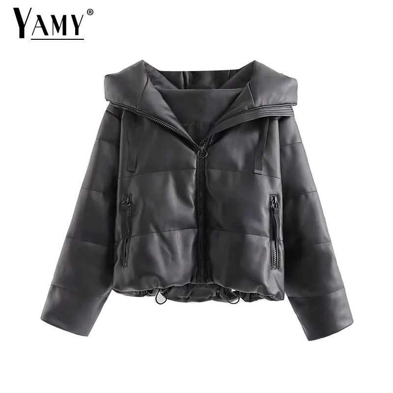 Korean winter jacket women leather jacket kawaii black parka bubble jackets coats hooded  cropped leather puffer jacket ladies