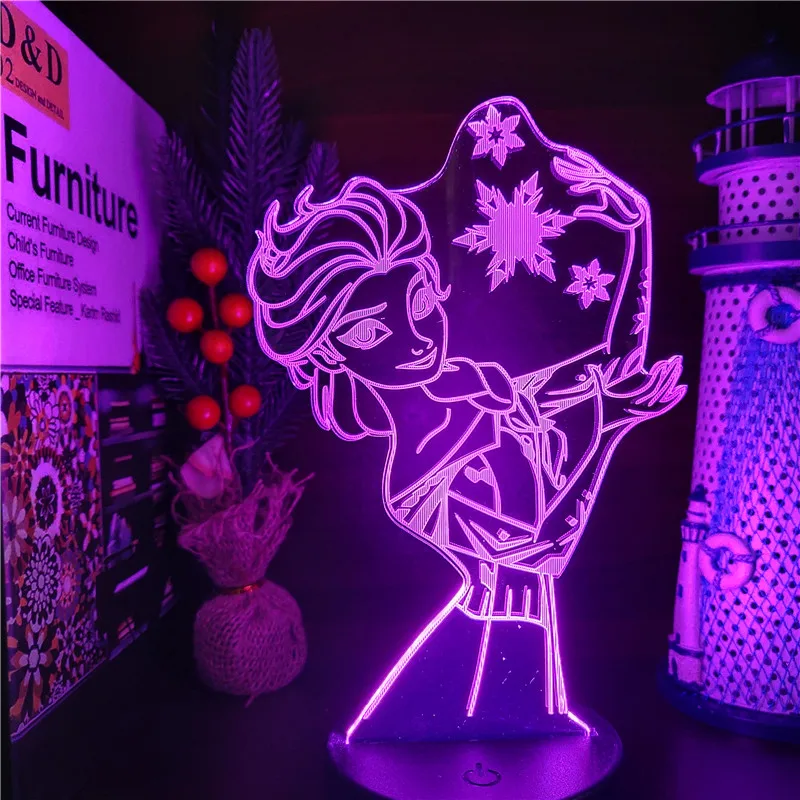 Frozen Princess 3D Visual Lamp Anna Elsa Olfa Figurine LED Night Light Acrylic Illusion Table Lamp Home Decor Kids Toys