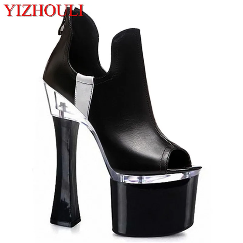 Bride wedding shoes black and white high heels, 18 cm square with fish mouth, model stage show, banquet high heels