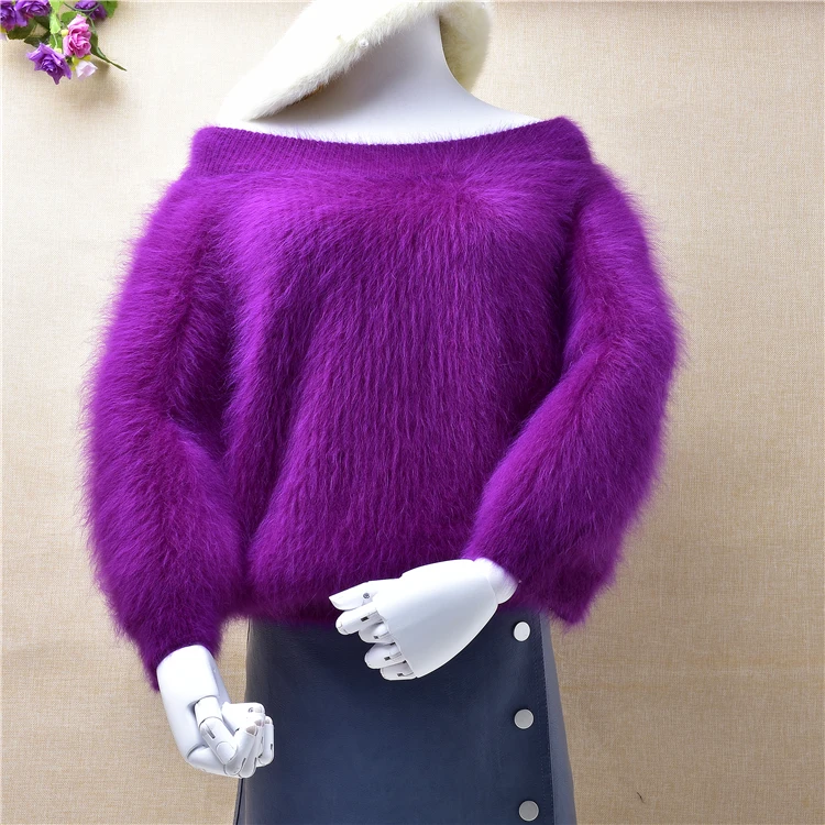 Dames Vrouwen Winter Dikke Warme Korte Stijl Slash Hals Nertsen Kasjmier Zeven Pofmouwen Trui Angora Konijnenbont Winter Jumper