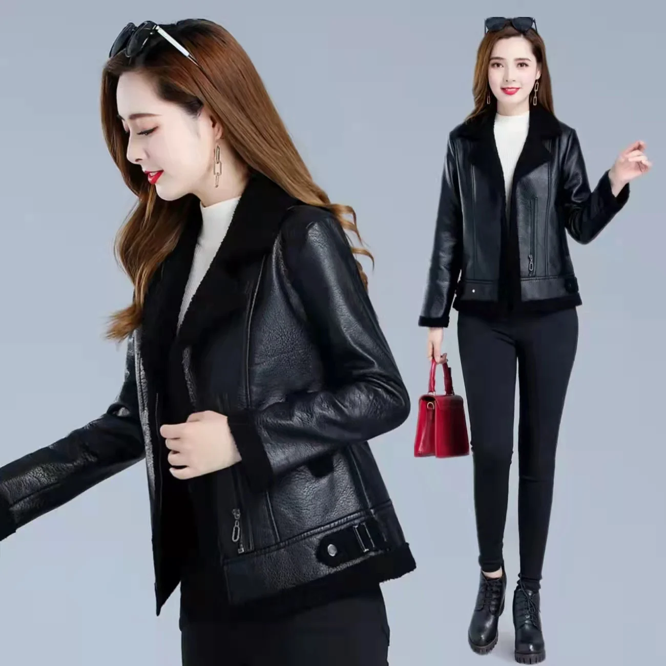 Plus Velvet Thick Leather Jacket Women 2023 Autumn And Winter New Fur One Short Imitation Lamb Fur Jacket