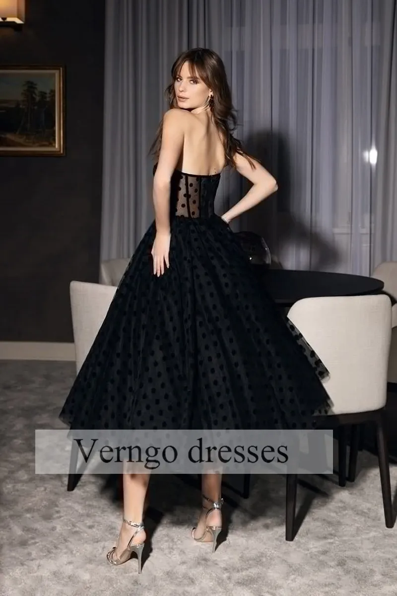 Vestido de noite de tule pontilhado preto verngo, vestido curto 2021 amor comprimento do chá, vestido elegante para festa